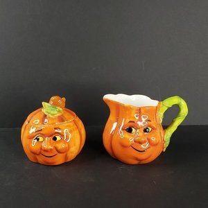 Anthropomorphic Pumpkin Face Ceramic Sugar & Cream
